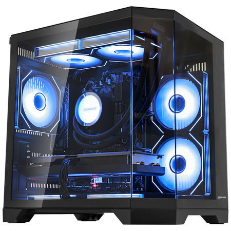 HOENGAGER modern gaming desktop tower with Ryzen 5 7600x, DDR5, and cool blue software ARGB illumination