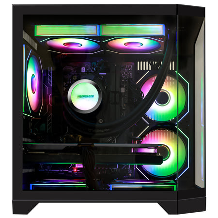 HOENGAGER gaming computer internal hardware closeup with Ryzen 5 7600x, DDR5, and multi-color software ARGB liquid cooling
