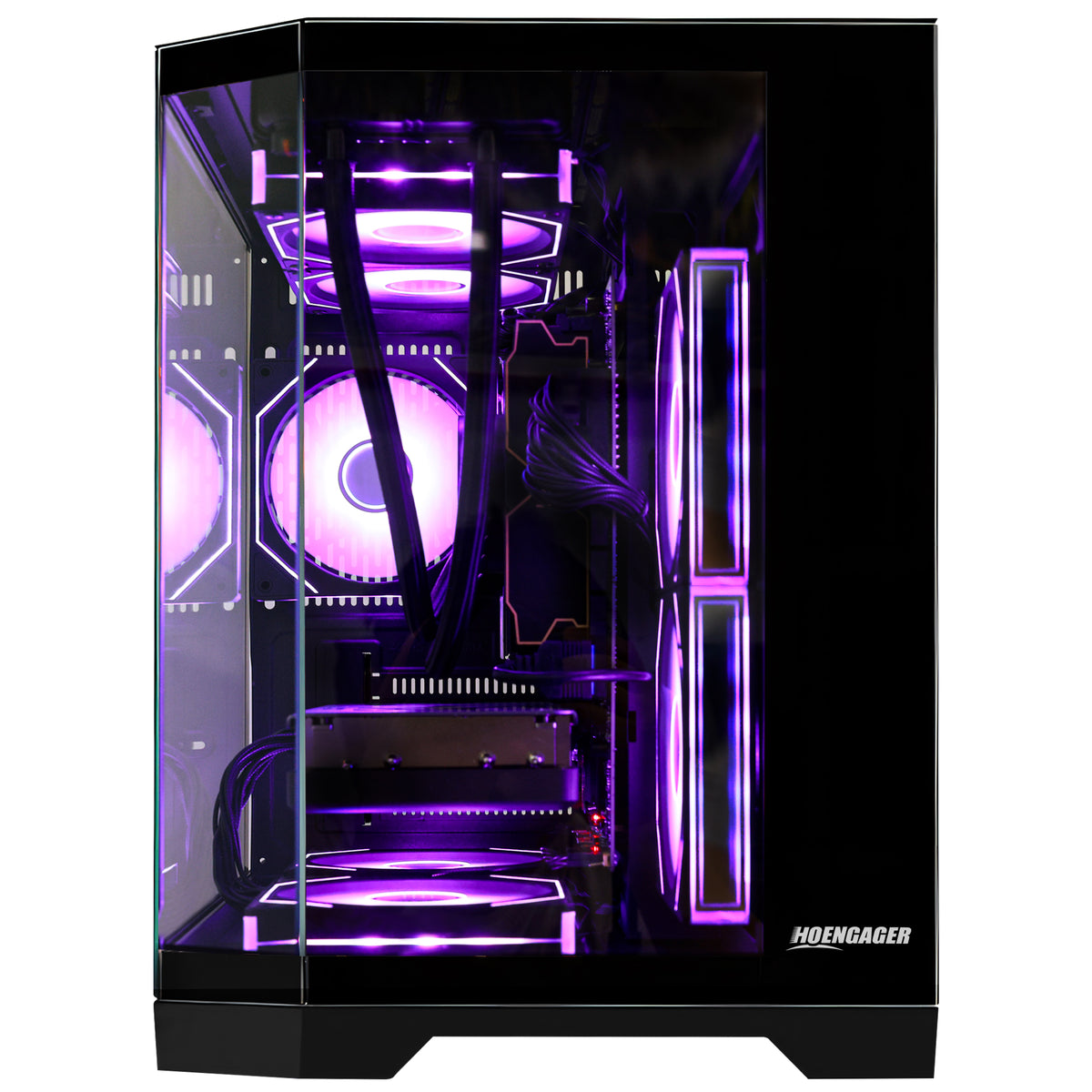 HOENGAGER gaming setup internal details showing Radeon RX 9070 GRE, DDR5, and intense red software ARGB fans