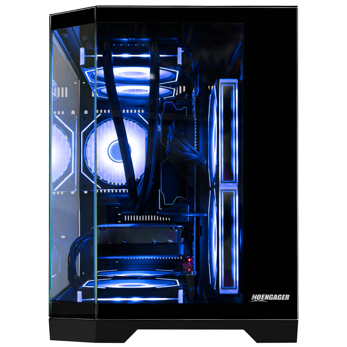 HOENGAGER side-profile view of the gaming PC featuring Ryzen 5 7600x, DDR5, and cool blue software ARGB lighting
