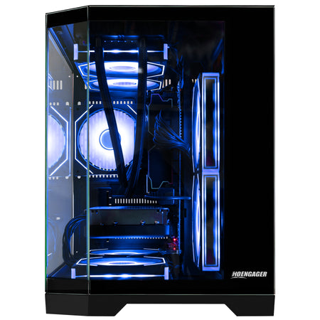 HOENGAGER side-profile view of the gaming PC featuring Ryzen 5 7600x, DDR5, and cool blue software ARGB lighting