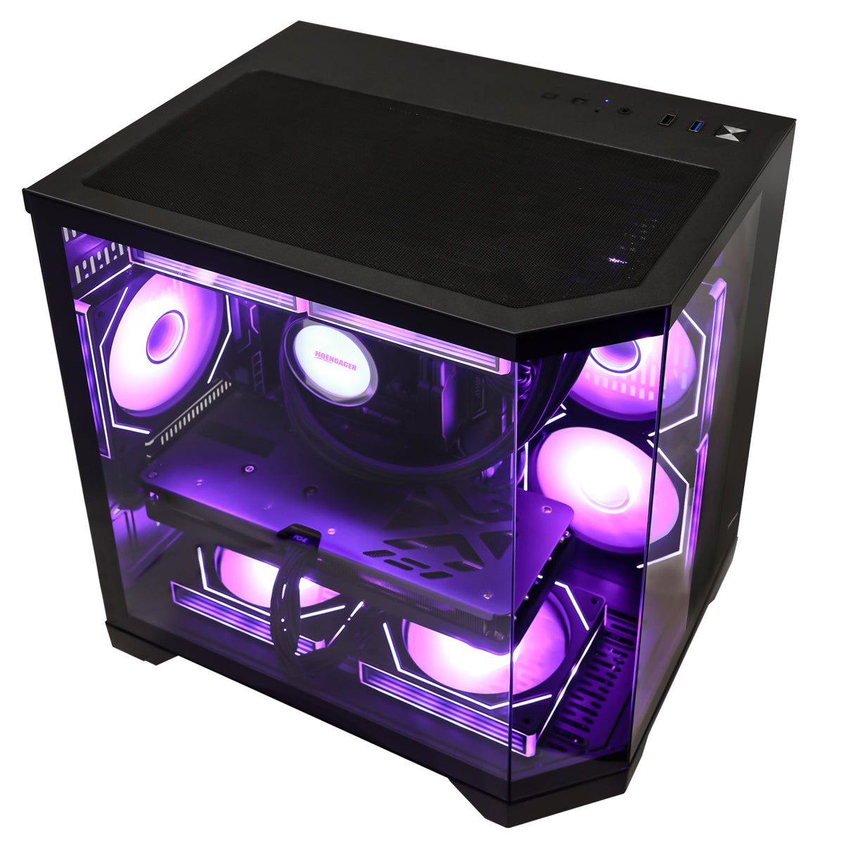 HOENGAGER top-down angle of the gaming desktop showcasing purple software ARGB, DDR5 performance, and top mesh ventilation