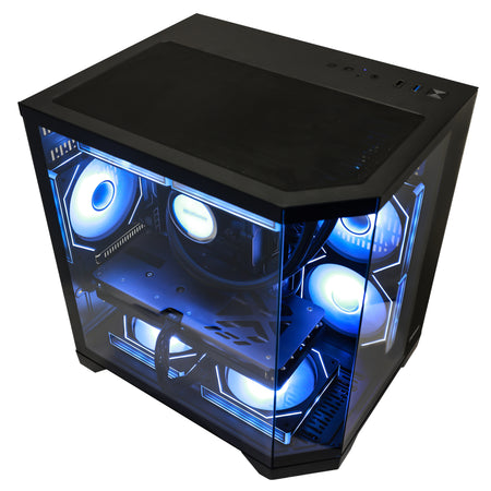 HOENGAGER elevated top view of the gaming PC equipped with Radeon RX 9070 GRE 12GB and blue software ARGB cooling