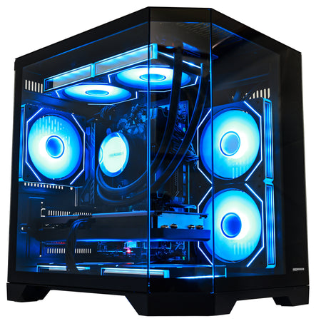 HOENGAGER front-side view of the gaming desktop running Ryzen 5 7600x, RX 9070 GRE 12GB, and DDR5 with blue software ARGB