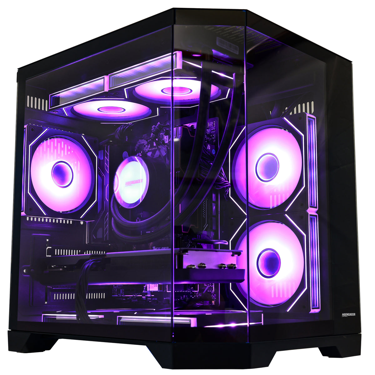 HOENGAGER full tower view of the gaming PC featuring high-end internal hardware and glowing purple software ARGB