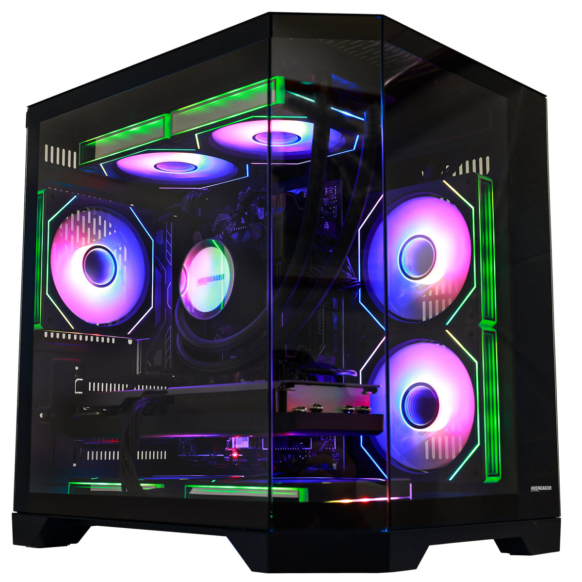 HOENGAGER gaming computer showcase with multi-color software ARGB, DDR5 memory, and advanced liquid cooling