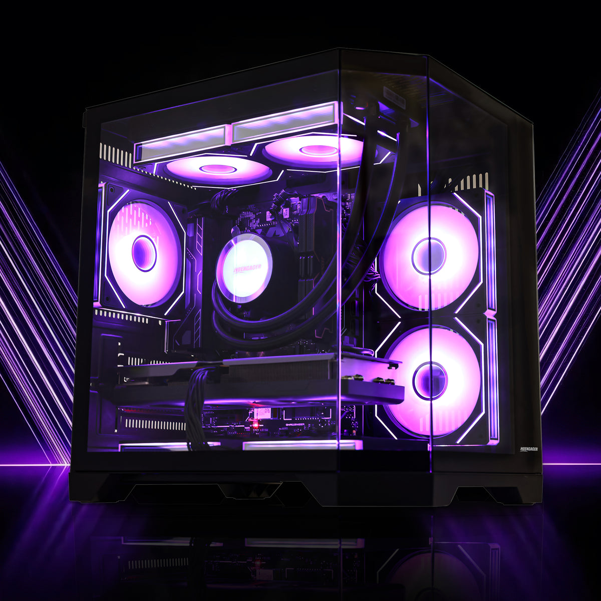 HOENGAGER panoramic glass gaming PC illuminated by vibrant purple software ARGB cooling fans, showcasing the powerful Ryzen 5 7600x, RX 9070 GRE 12GB, and DDR5 hardware