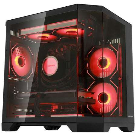 HOENGAGER prebuilt gaming PC featuring Radeon RX 9070 GRE 12GB, DDR5 memory, and bold red software ARGB case fans