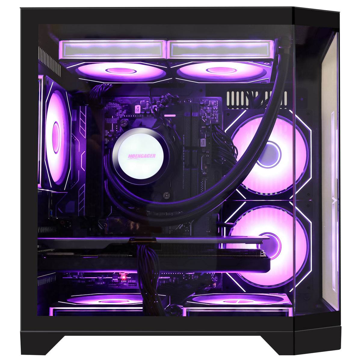 HOENGAGER PC case interior highlighting DDR5 memory, radiator fans, and purple software ARGB control