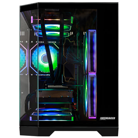 HOENGAGER prebuilt PC internal view displaying Ryzen 5 9600X, DDR5 memory, and vibrant yellow software ARGB lighting