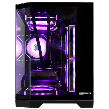 HOENGAGER gaming setup internal details showing Radeon RX 9070 GRE, DDR5, and intense red software ARGB fans