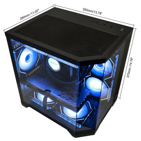 HOENGAGER dimension specifications diagram of theHOENGAGER gaming PC case (350mm x 280mm x 375mm)