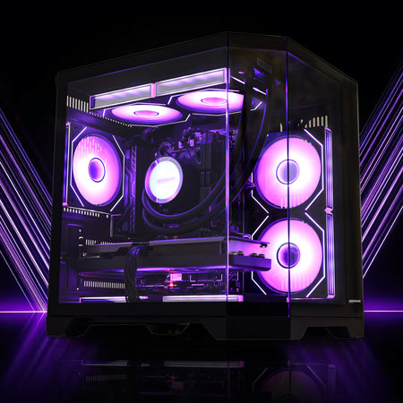 HOENGAGER panoramic glass gaming PC illuminated by vibrant purple software ARGB cooling fans, showcasing the powerful Ryzen 5 9600X, RX 9070 GRE 12GB, and DDR5 hardware