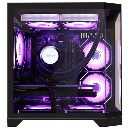 HOENGAGER PC case interior highlighting DDR5 memory, radiator fans, and purple software ARGB control