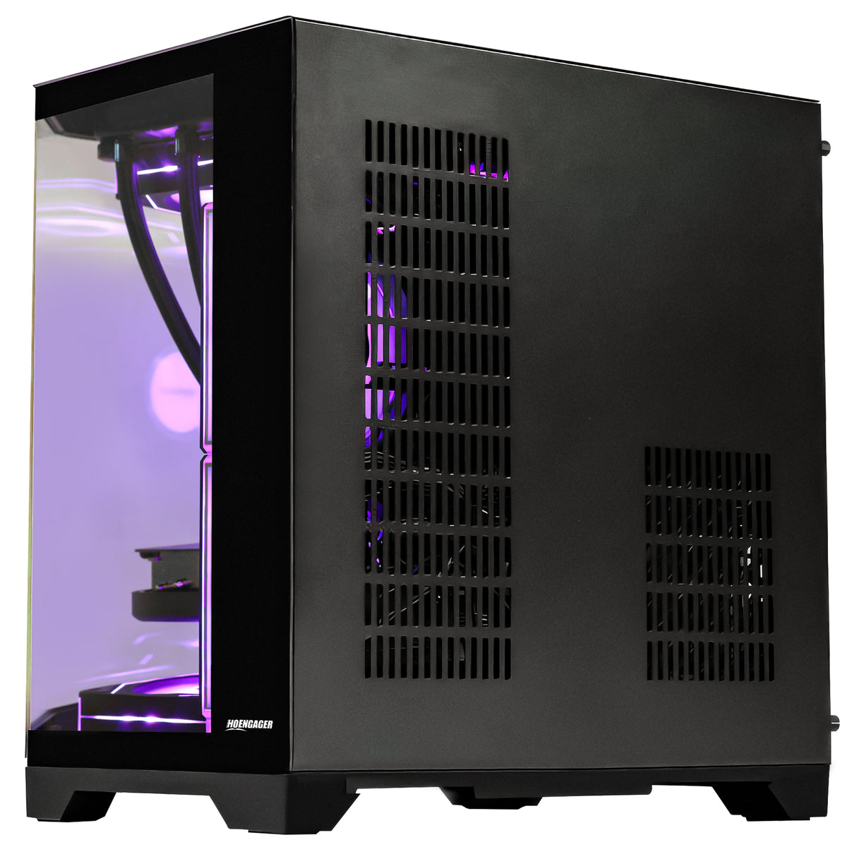HOENGAGER side and rear panel details of the HOENGAGER gaming PC chassis showing robust ventilation grills