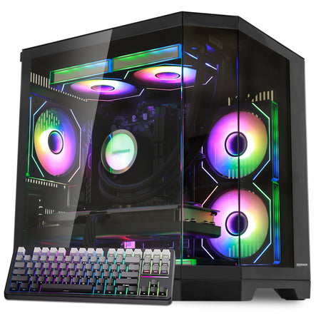 Main view of Hoengager Ocean Of Stars Ryzen 7 7800x3d RTX 5070 Stealth Black 7000 Series with panoramic glass case and RGB lighting