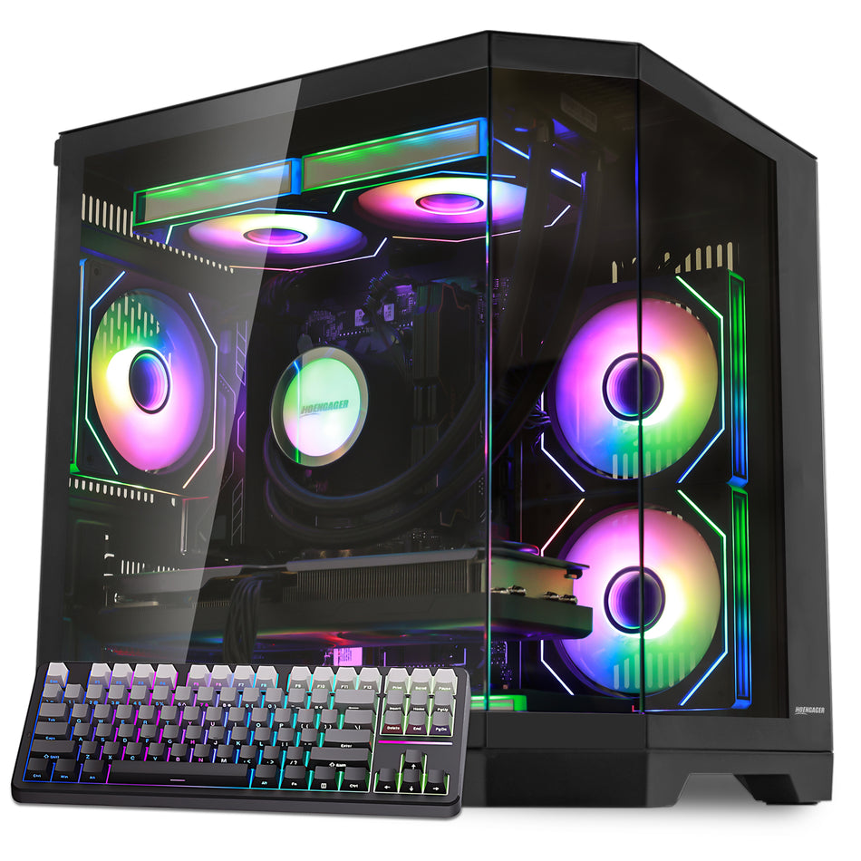 Main view of Hoengager Ocean Of Stars Ryzen 7 7800x3d RTX 5070 Stealth Black 7000 Series with panoramic glass case and RGB lighting