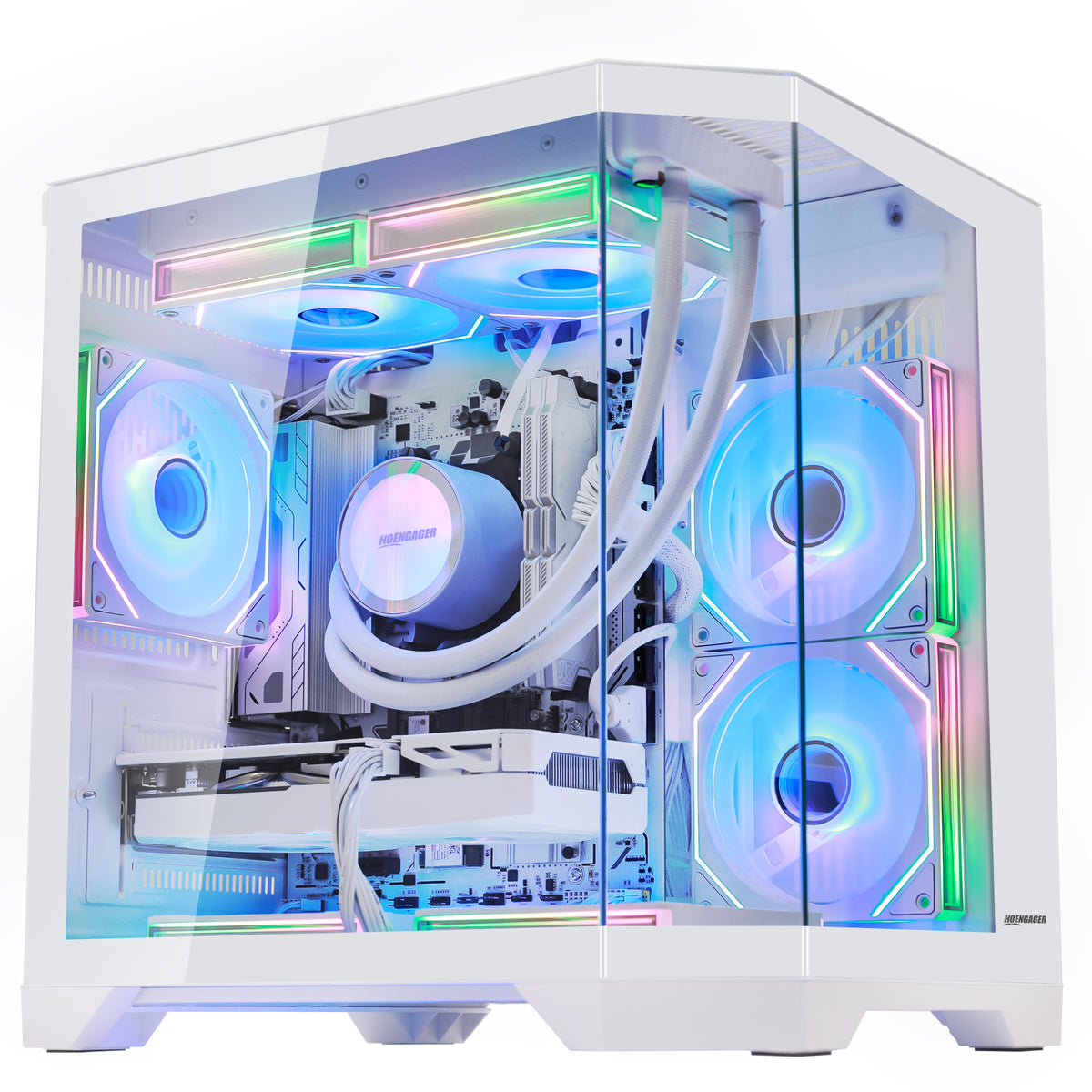 HOENGAGER white panoramic gaming PC with AMD Ryzen 5 7600X, Radeon RX 9070 GRE 12GB, DDR5, and multi-color software ARGB.