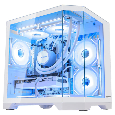 HOENGAGER white mid-tower gaming computer featuring Ryzen 5 7600X, RX 9070 GRE 12GB, DDR5 RAM, and cool blue software ARGB.