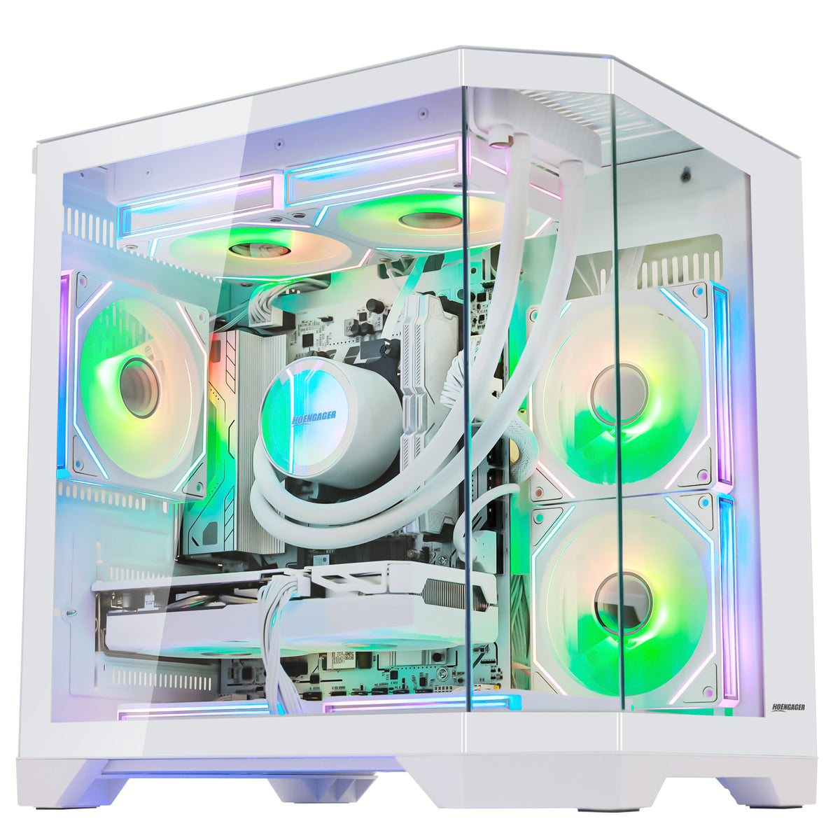 HOENGAGER custom white gaming PC showcasing Radeon RX 9070 GRE 12GB GPU, DDR5 performance, and dynamic green software ARGB.