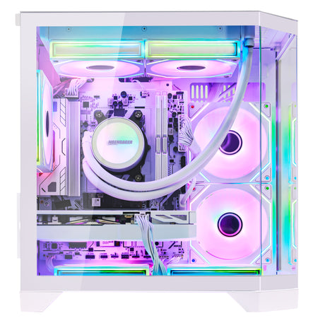 HOENGAGER white prebuilt gaming PC side view with Ryzen 5 7600X, DDR5 memory, and elegant pink software ARGB fans.