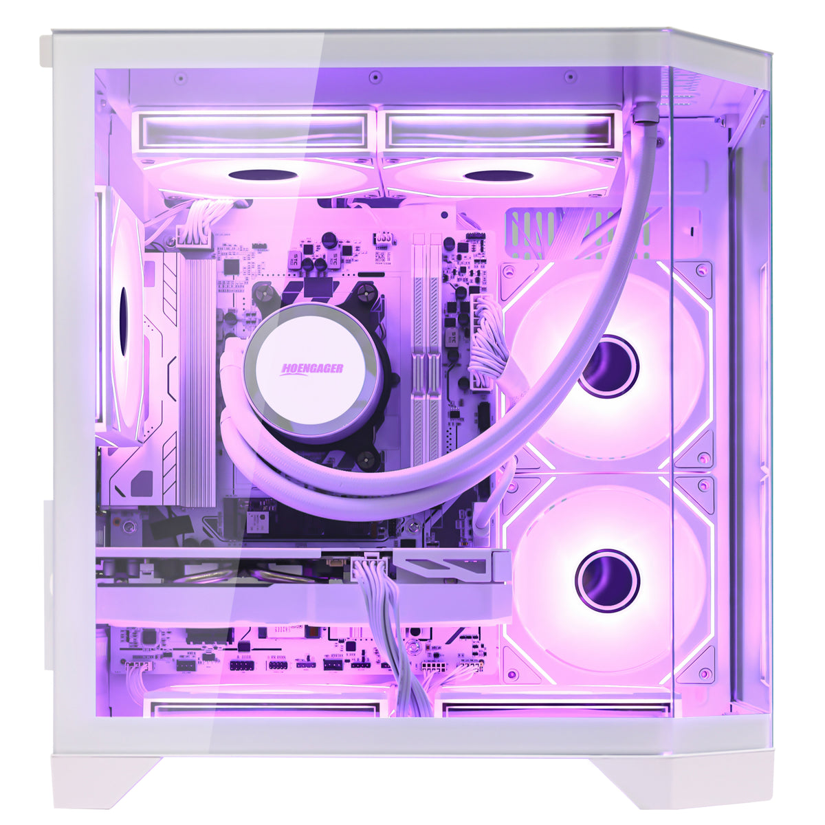 HOENGAGER modern white gaming desktop internal view showing Ryzen 5 7600X, DDR5, and deep purple software ARGB illumination.