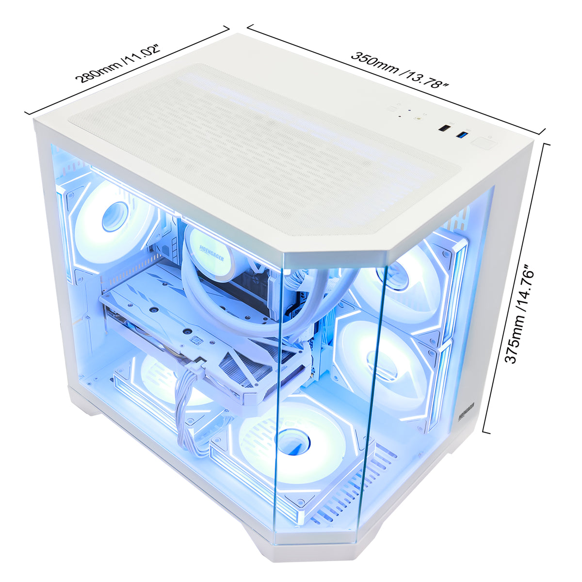 HOENGAGER white gaming PC dimension specifications (350mm x 280mm x 375mm) illuminated by blue software ARGB.