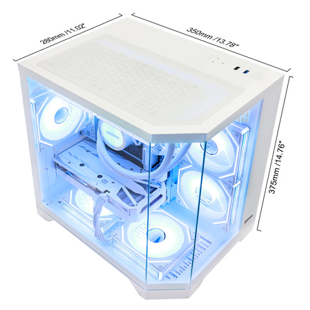 HOENGAGER white gaming PC dimension specifications (350mm x 280mm x 375mm) illuminated by blue software ARGB.