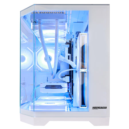 Side view of HOENGAGER white panoramic gaming PC with light blue software ARGB, featuring Ryzen 5 7600X and RX 9070 GRE 12GB.