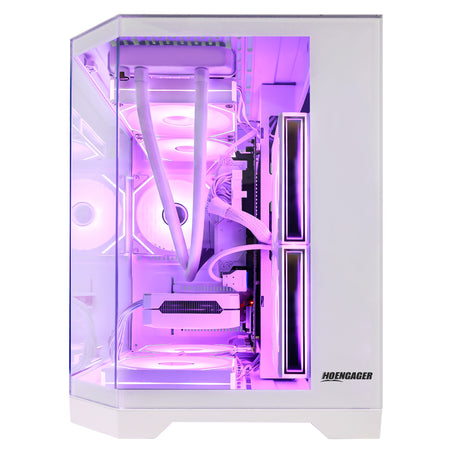 HOENGAGER white gaming computer case showing DDR5 and Radeon RX 9070 GRE GPU, illuminated by stunning purple software ARGB.