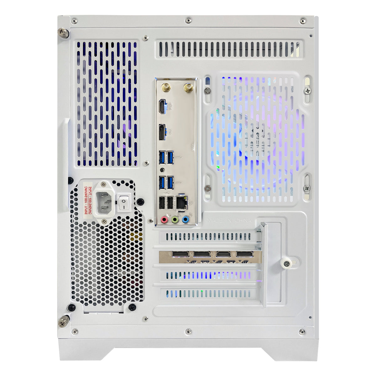 Rear I/O view of HOENGAGER white gaming PC, showcasing motherboard ports, power supply input, and Radeon RX 9070 GRE 12GB video outputs.