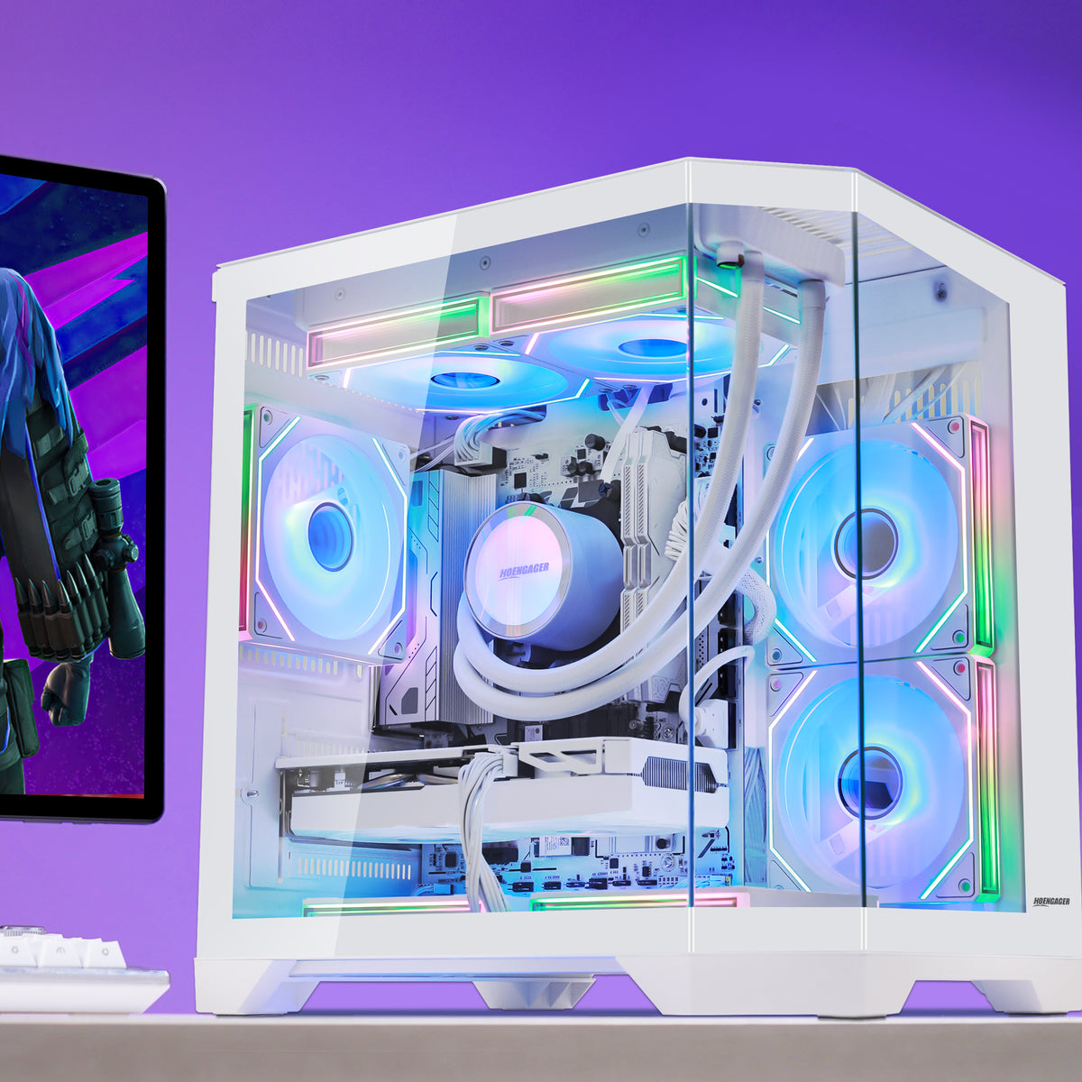Desktop setup featuring HOENGAGER white panoramic gaming PC with Ryzen 5 7600X and vibrant rainbow software ARGB for immersive gaming.