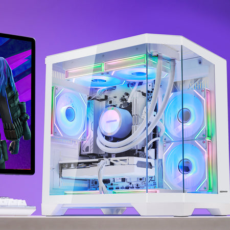 Desktop setup featuring HOENGAGER white panoramic gaming PC with Ryzen 5 7600X and vibrant rainbow software ARGB for immersive gaming.