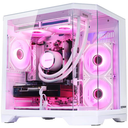 Hoengager Ocean of Stars gaming PC demonstration picture with software ARGB lighting, 7 ARGB fans, 2 intake, 5 exhaust, Ryzen 7800X3D, Radeon 9070 GPU, red and pink color ARGB