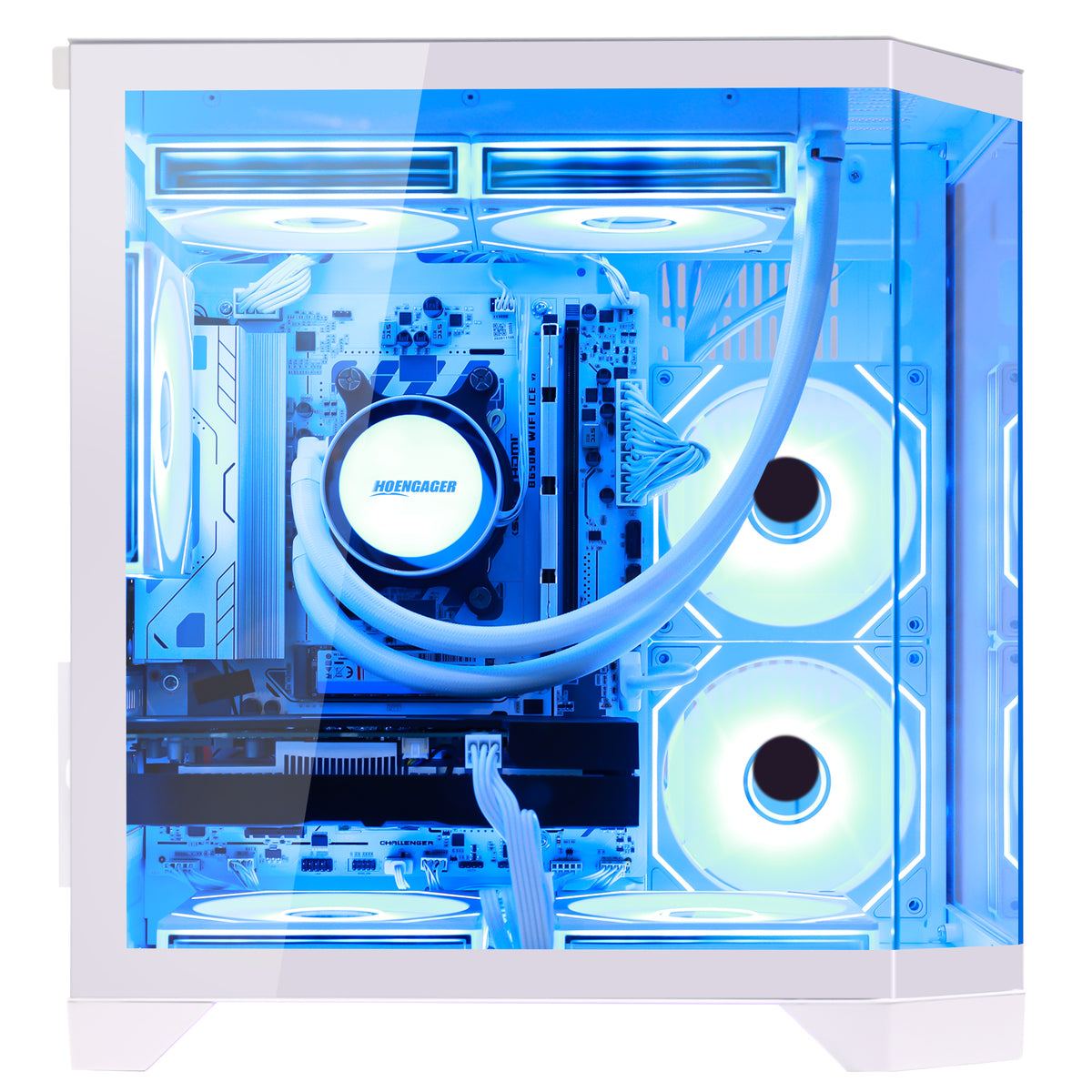 Hoengager Gaming PC showcasing inner components from the side pannel, AIO CPU cooler, ARGB fans, white RGB lighting wrh Ryzen 7800X3D and AMD Radeon 9070