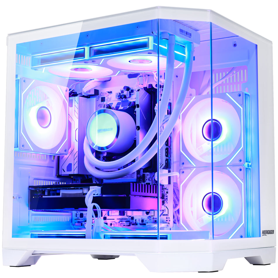Hoengager Ocean of Stars gaming PC demonstration picture with software ARGB lighting, 7 ARGB fans, 2 intake, 5 exhaust, Ryzen 9600X, GEFORCE 5070 GPU