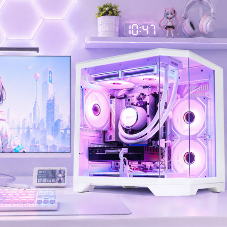 Hoengager Ocean of stars gaming pc with a transparent side panel and pink-purple LED lighting, shown on a desk in a styled room setup with a monitor, keyboard, shelf, headphones, and small figurines.