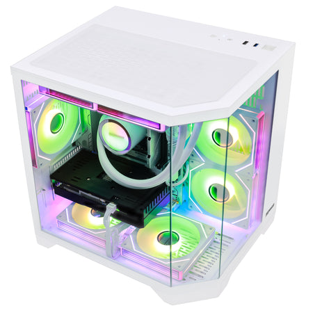 Hoengager Ocean of stars series gaming desktop computer with Ryzen 5 9600X, NVIDIA 5070 12GB GPU, a transparent side panel, showcasing internal RGB-lit cooling fans and components, isolated on a white background.