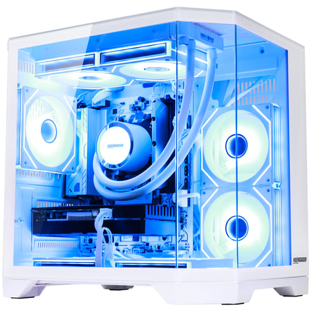 Hoengager Ryzen 5 9600X CPU and AMD Radeon 9070 16GB GPU gaming PC with AIO liquid cooler with Logo on it, in a all white argb color settting
