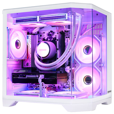 Ryzen 9600X AMD Radeon 9070 gaming pc with a clear glass side panel, showcasing a white liquid CPU cooler and multiple white RGB fans glowing with purple and pink LED light, set against a plain white background.