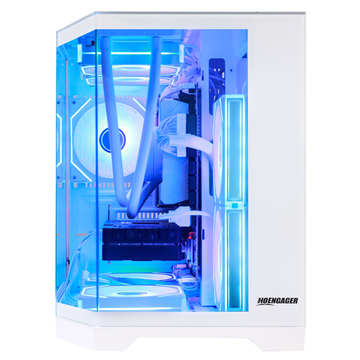 a view from front pannel of the gaming pc Hoengager Ocea of stars, showing pipe of AIO liquid cooler, black GPU 9070 16GB, in a blue colored ARGB lighting setting from software