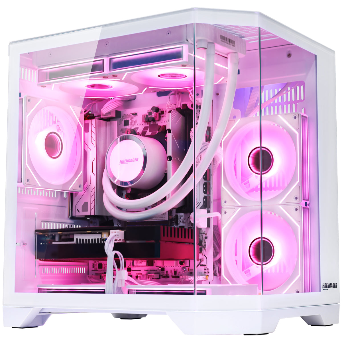 Hoengager Ocean of Stars gaming PC demonstration picture with software ARGB lighting, 7 ARGB fans, 2 intake, 5 exhaust, Ryzen 9700X, GEFORCE 5070 GPU, red and pink color ARGB