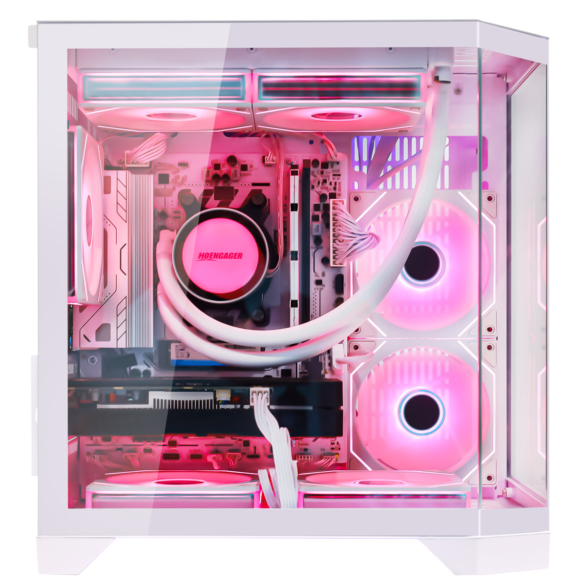 Hoengager Ocean of stars gaming pc with a transparent side panel and pink-red LED lighting, shown on a desk in a styled room setup with a monitor, keyboard, shelf, headphones, and small figurines.