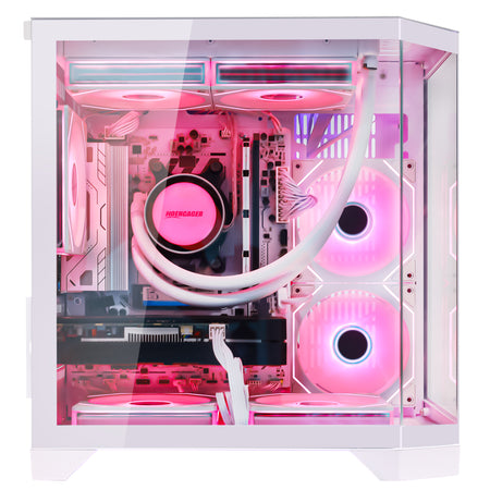 Hoengager Ocean of stars gaming pc with a transparent side panel and pink-red LED lighting, shown on a desk in a styled room setup with a monitor, keyboard, shelf, headphones, and small figurines.