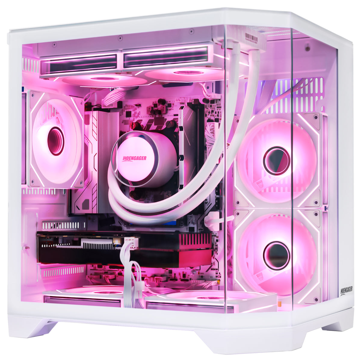 Hoengager Ocean of Stars gaming PC with White case, red and pink argb color setting from software, black graphics card 9070 and Ryzen 7 9700x CPU