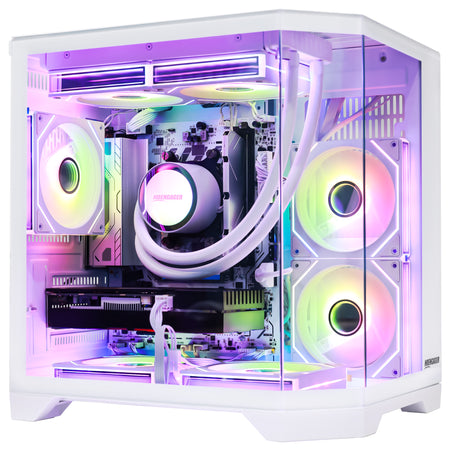 Hoengager Ocean of Stars Gaming PC with white case, Ryzen 7 9700x CPU and Black Graphics card, PC is showing ARGB colorful inner lighting with software control