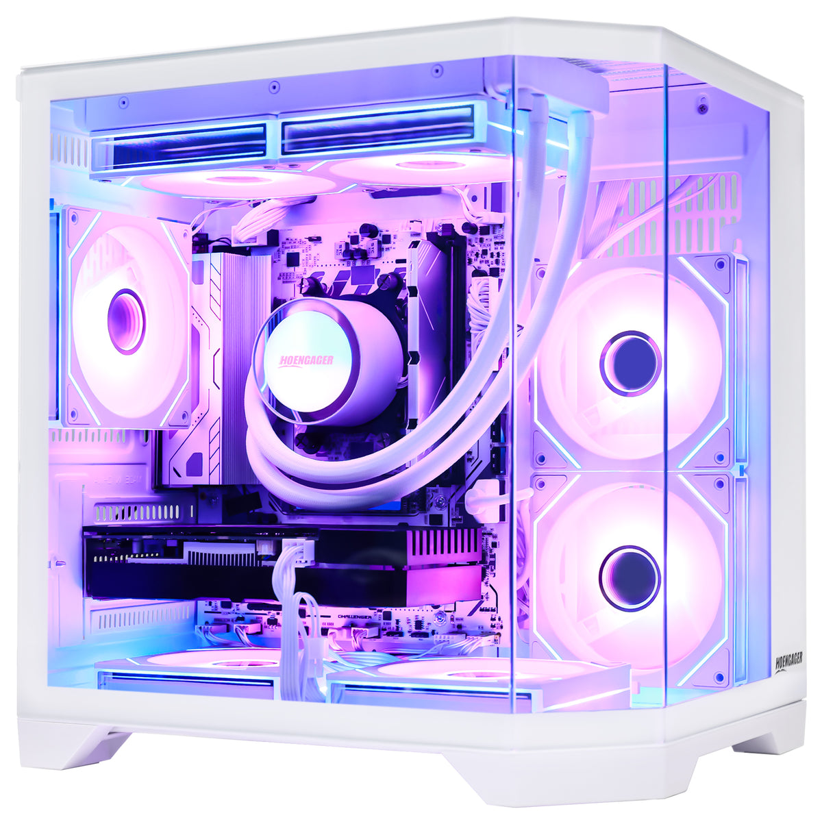 A white Hoengager Ocean of Stars mid-tower PC with a clear glass side panel, showcasing a custom liquid CPU cooler with white tubes and multiple white fans illuminated by purple and blue LED lighting.