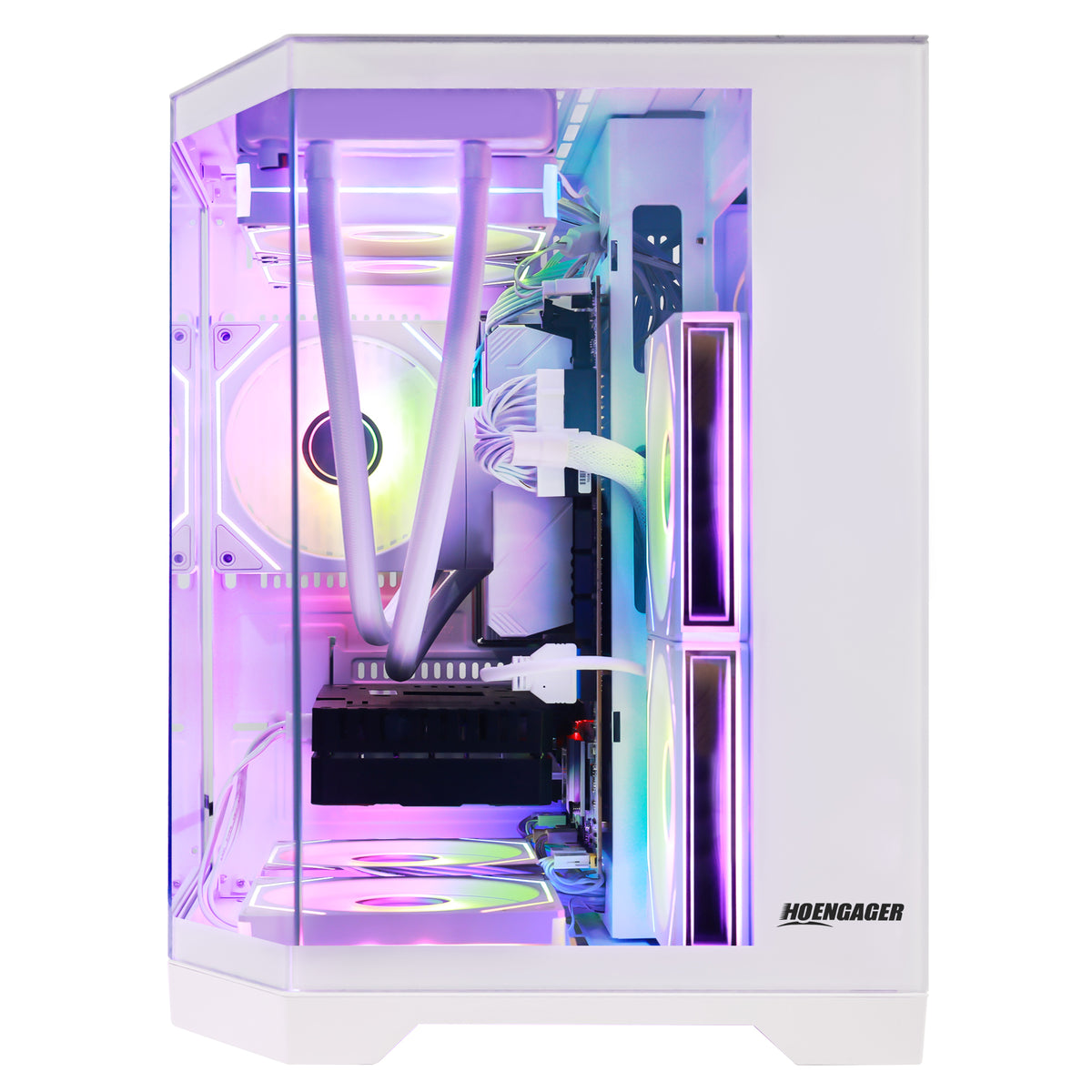 White HOENGACER Ocean of Stars desktop PC tower with a clear side panel, showcasing a white liquid CPU cooler with glowing purple and multicolor RGB LED lighting inside.