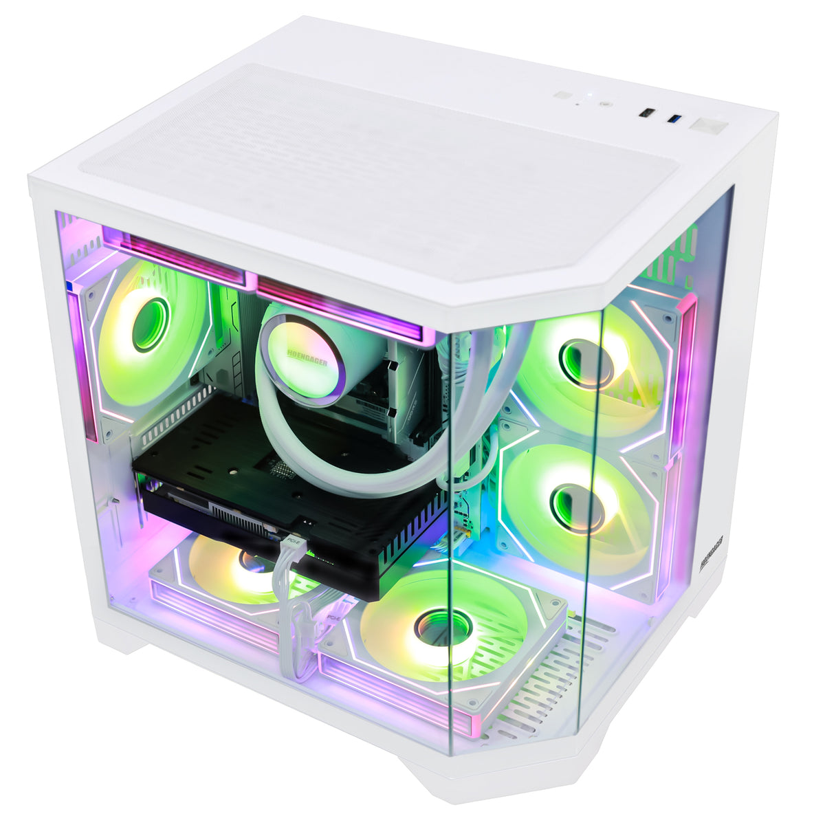 Hoengager Ocean of stars series gaming desktop computer with Ryzen 7 9700X, AMD 9070 16GB GPU, a transparent side panel, showcasing internal RGB-lit cooling fans and components, isolated on a white background.