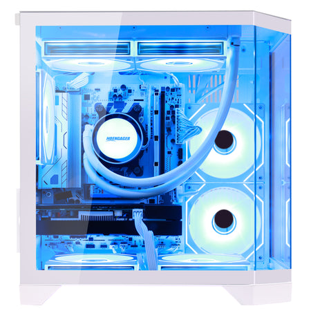 Hoengager Gaming PC showcasing inner components from the side pannel, AIO CPU cooler, ARGB fans, white RGB lighting wrh Ryzen 9700x and AMD Radeon 9070